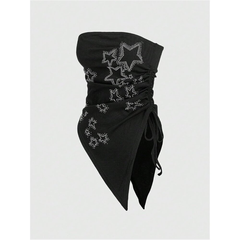 Women's Asymmetrical Strapless Star Ruched Tube Top Casual Punk Rock - Picture 3 of 5